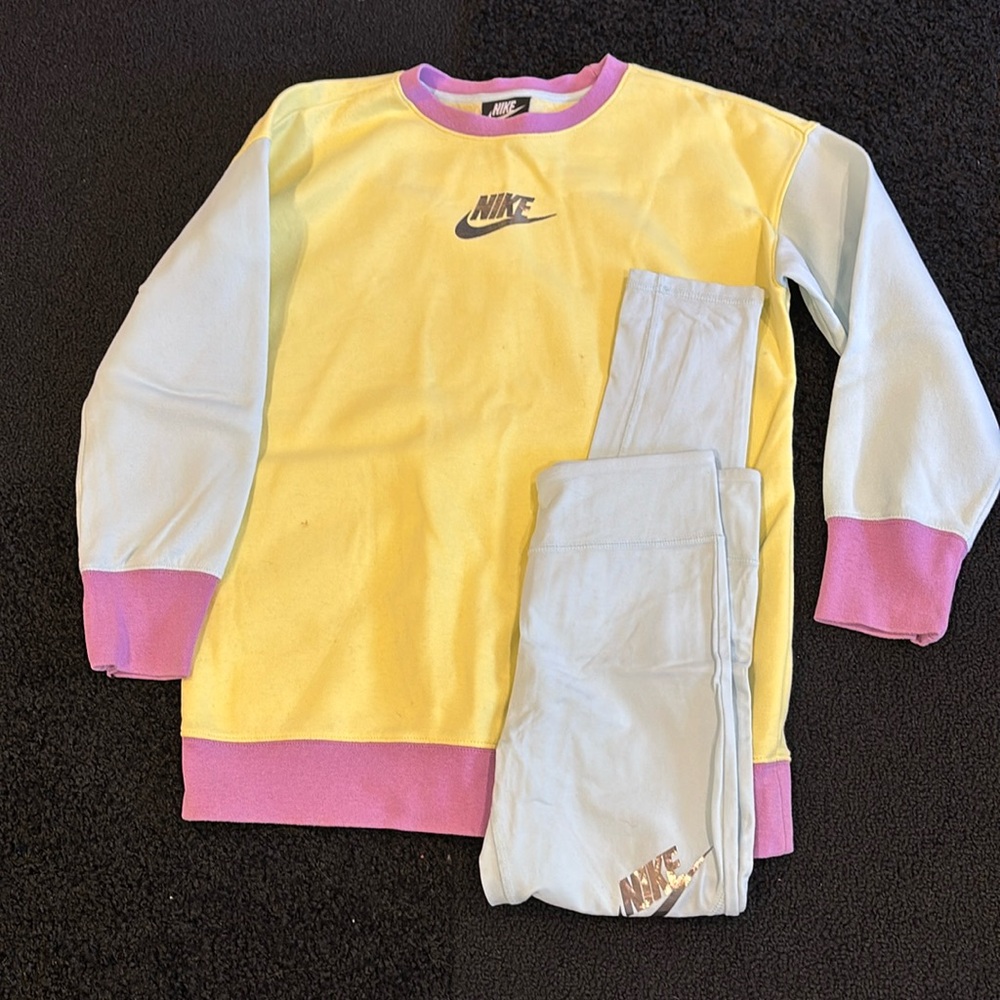 Girls purple, yellow and blue Nike sweatshirt and leggings combo